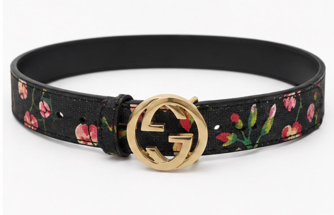 Floral black belt with gold buckle