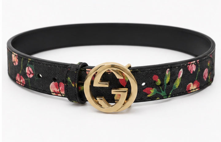 Floral black belt with gold buckle