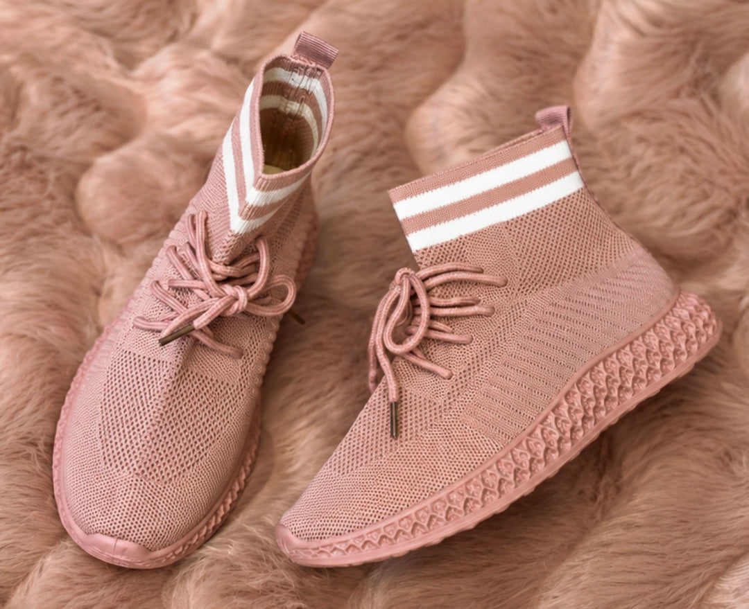 Blush pink sock fit knit trainers with lace-up fastening and striped ankle collar.