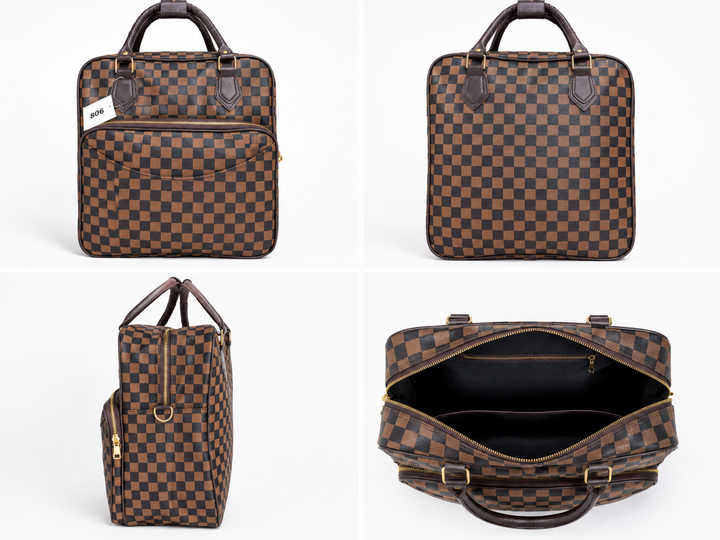Brown, cream and black checkerboard travel holdall bags displayed together on a neutral studio background, featuring spacious zip compartments and sturdy carry handles.