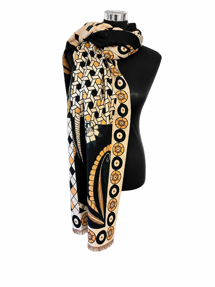 Luxury oversized mixed print scarf in taupe, cream, black and golden tones 