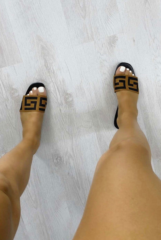 Greek print Black base sliders footwear