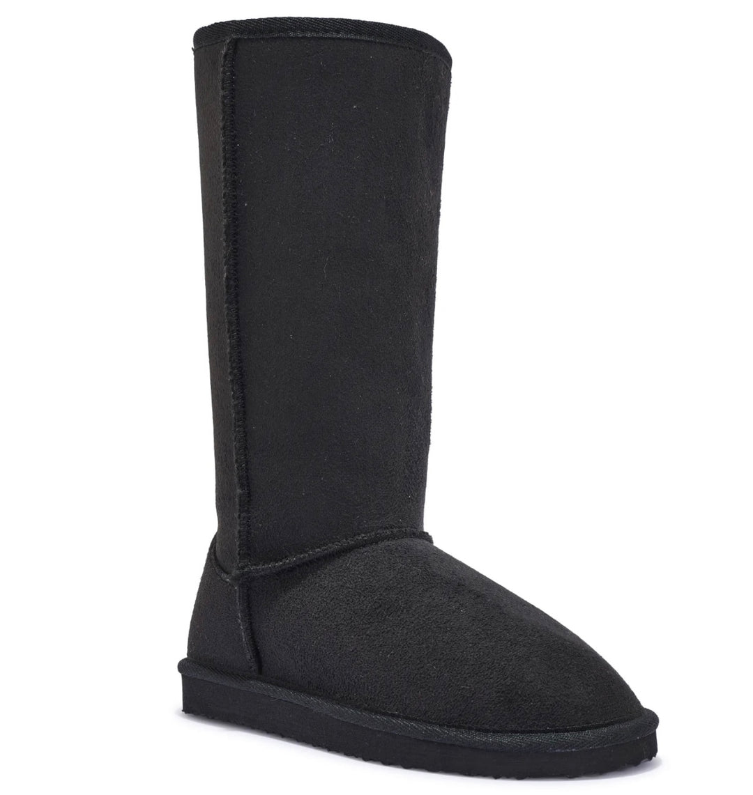 A black faux fur lined winter Snuggie boot with a tall design.