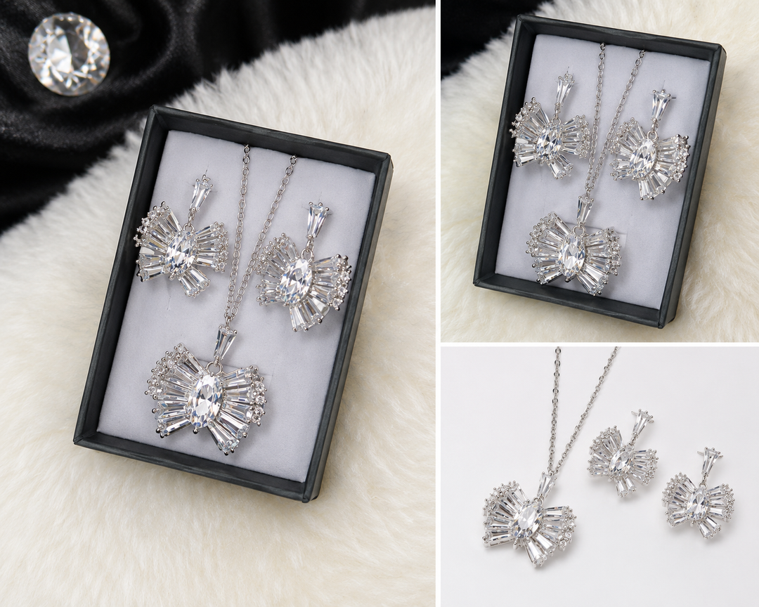 Silver crystal statement necklace and matching earring set 
