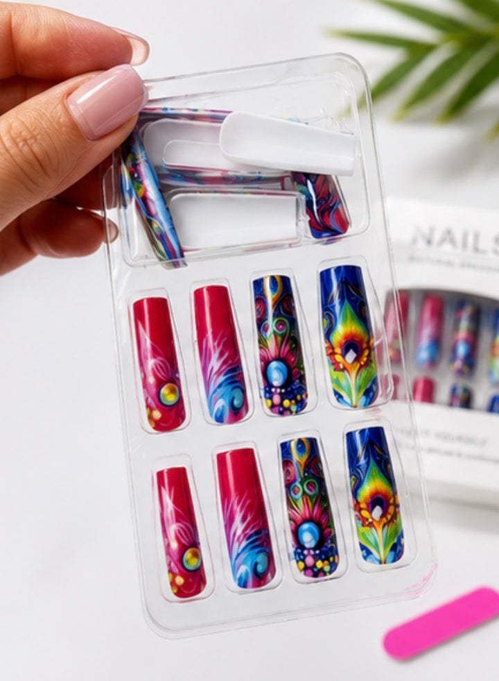 24-piece pink peacock design press-on nail kit with adhesive tabs, mini nail file 