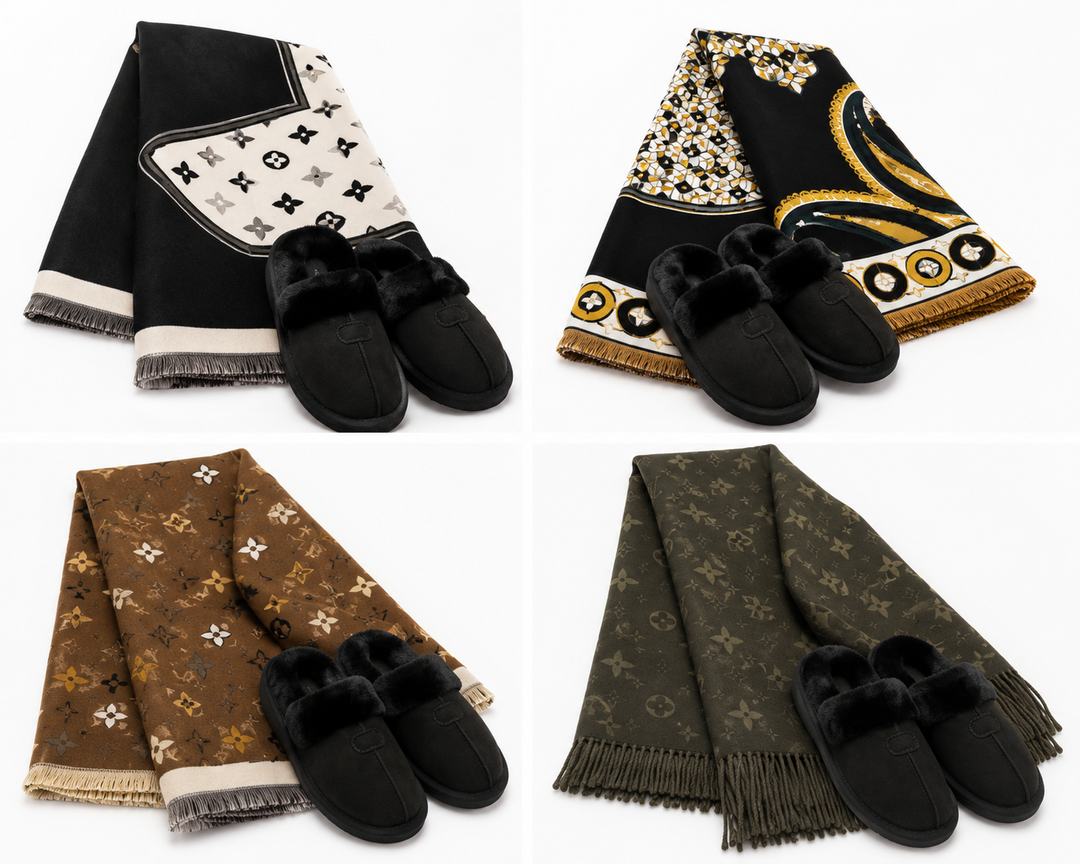 Luxury winter gift bundle featuring a soft scarf paired with black faux fur lined slippers