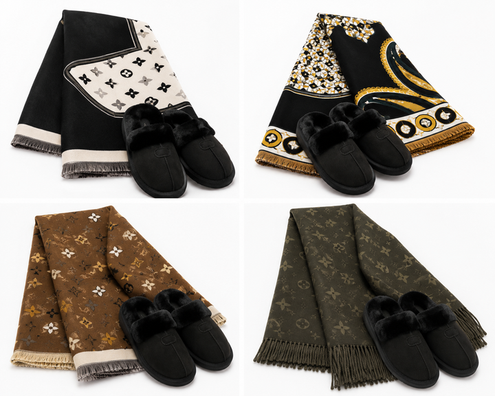 Luxury winter gift bundle featuring a soft scarf paired with black faux fur lined slippers