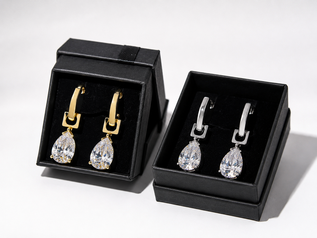 Gold and silver pear drop crystal hoop earrings 