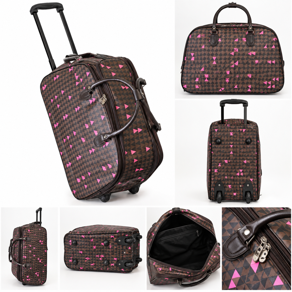 Brown and pink geometric wheeled travel holdall with telescopic handle and carry handles