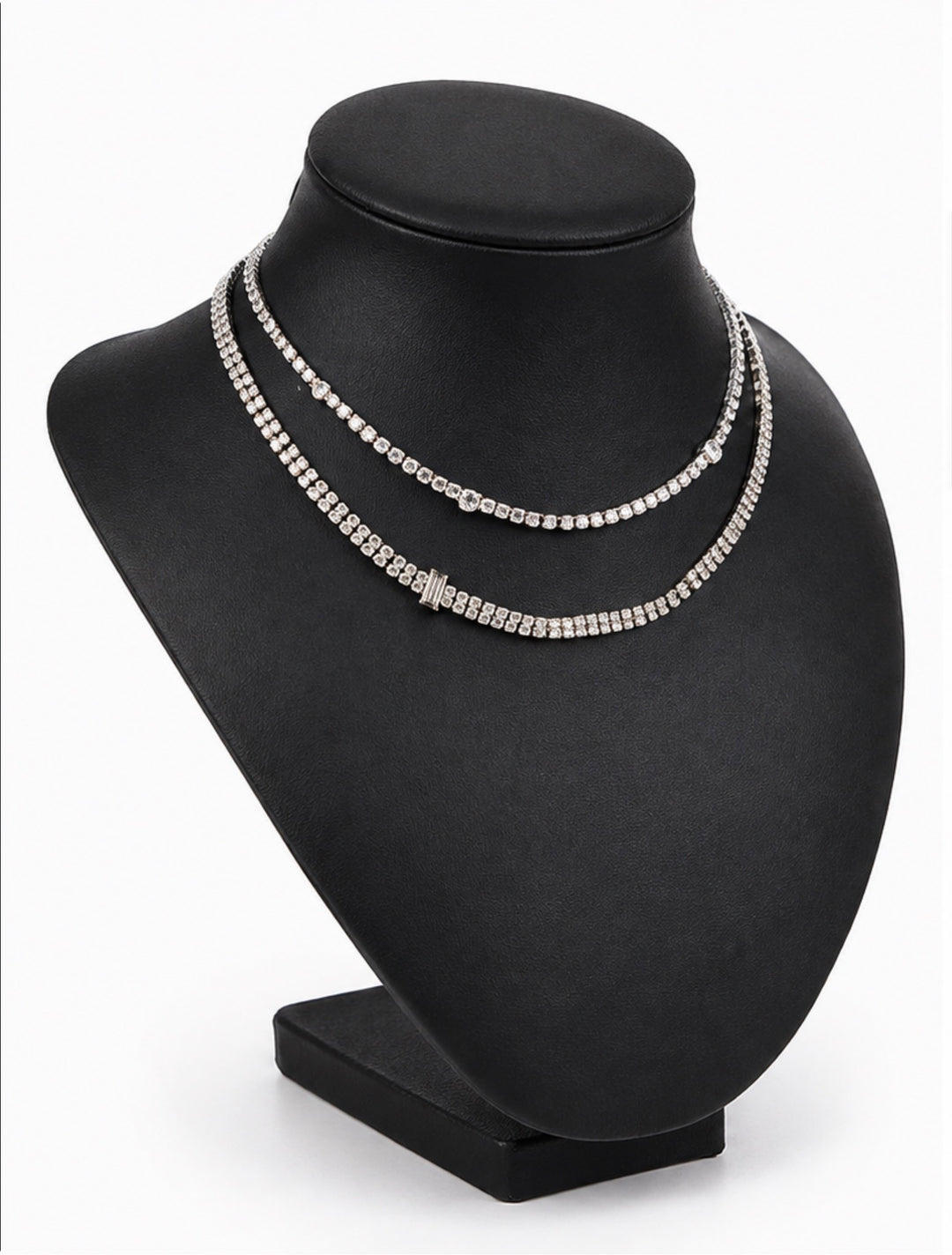 Wide silver tone crystal tennis necklace with clear sparkling stones