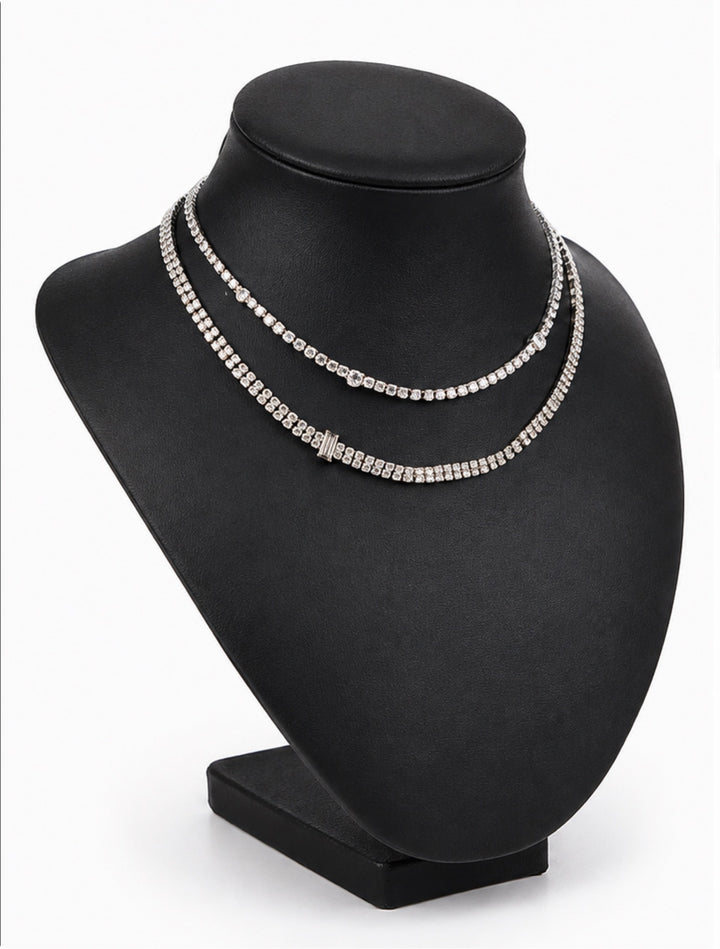 Wide silver tone crystal tennis necklace with clear sparkling stones