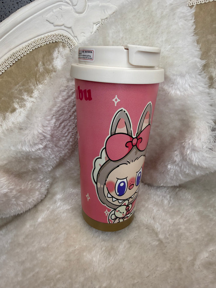Pink cup with cartoon character design