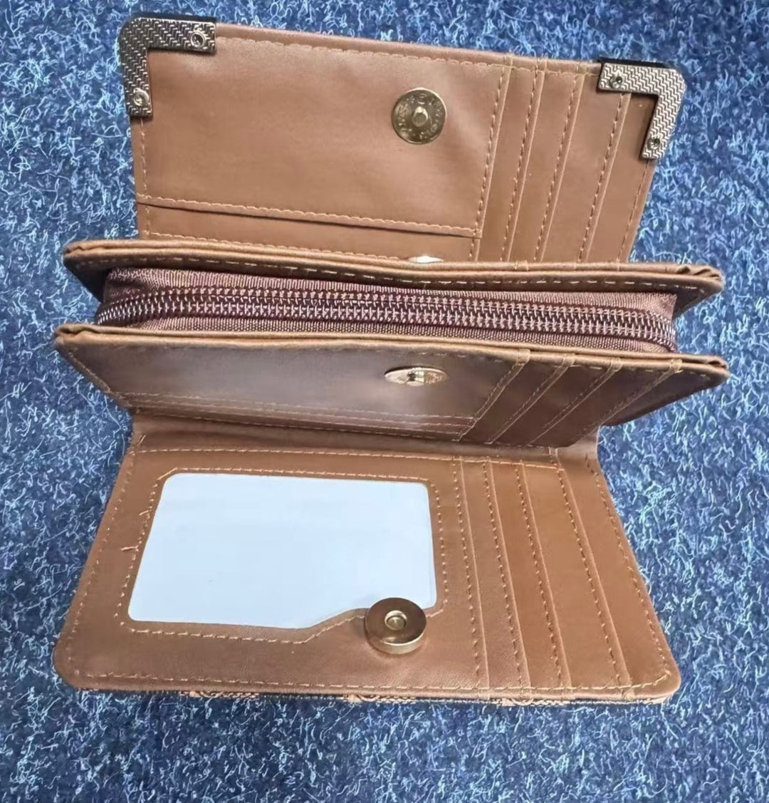 Open brown faux leather wallet on a blue textured background