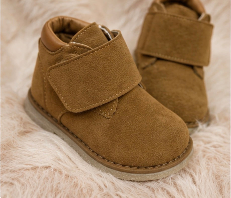 Unisex kids suede ankle boots with wide wrap fastening In camel 