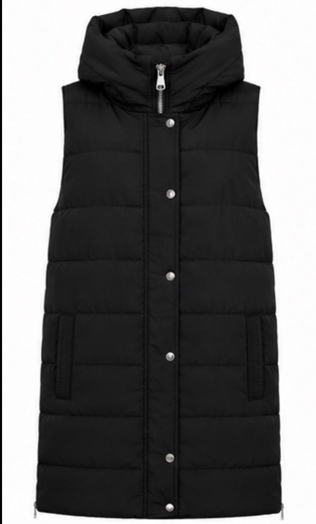 Long black padded gilet with hood, quilted design and front zip fastening, sleeveless puffer bodywarmer with pockets