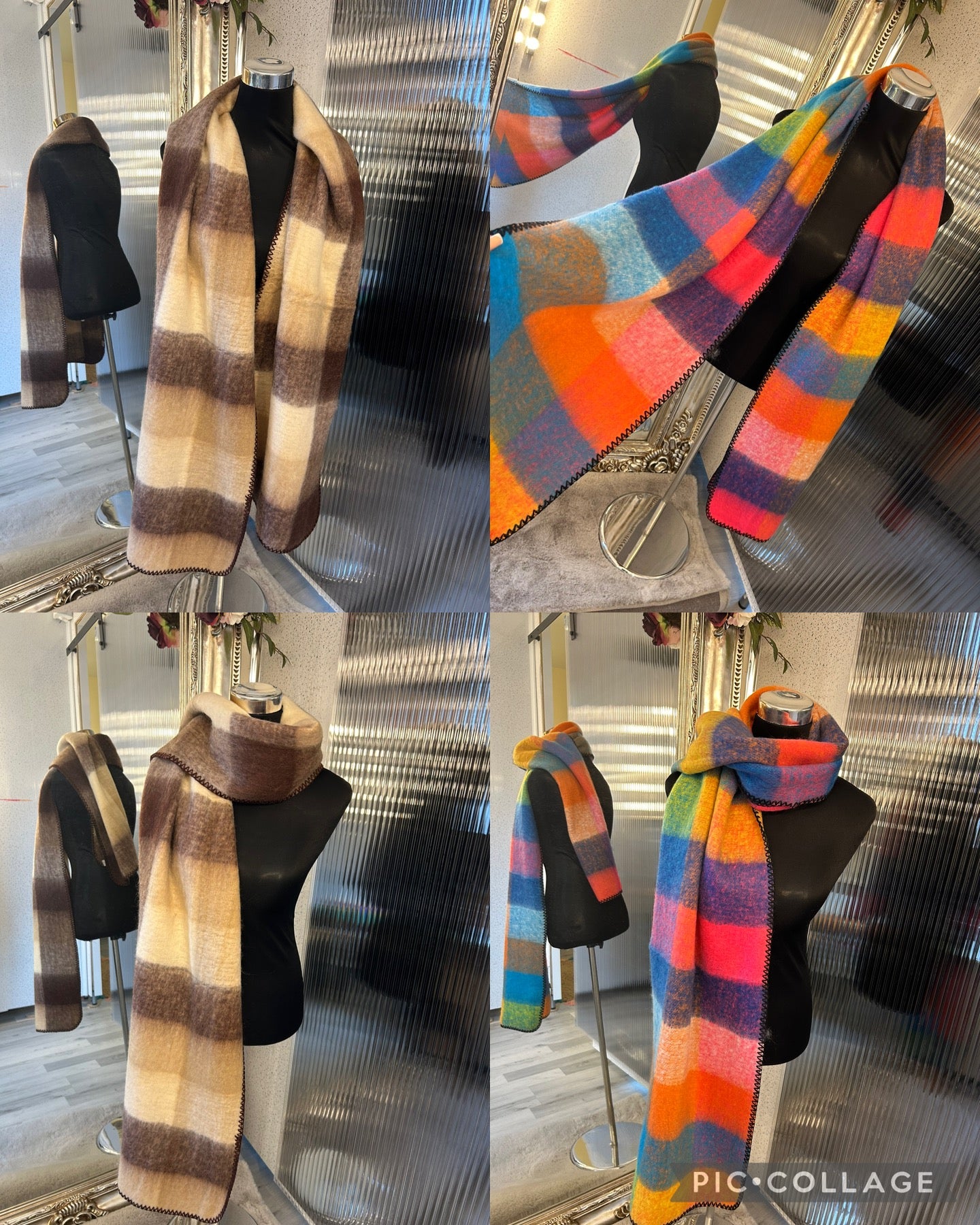 Colourful checked fluffy scarves