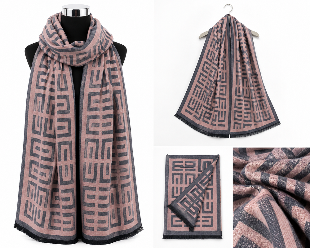Blush pink and charcoal grey geometric maze print woven scarf with dark border and short fringed edging.