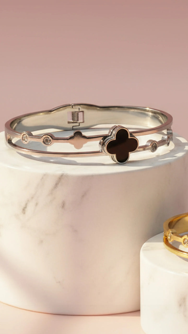 Stainless Steel Black Clover &amp; Crystal Stacking Bangle