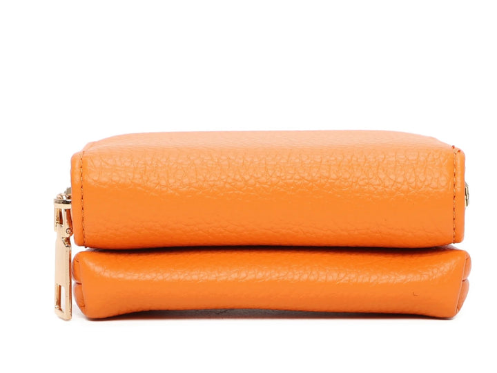 A orange clutch purse with gold detail and a zipper closure.