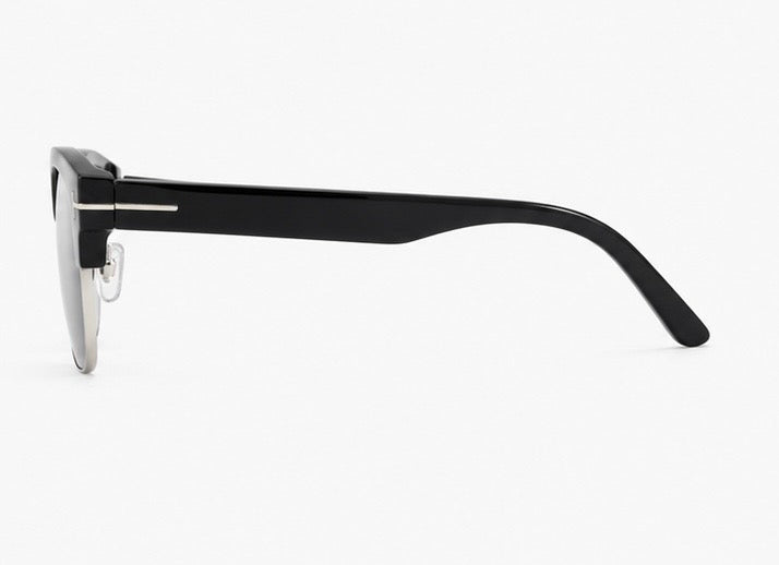 Black and silver semi-rimless square sunglasses with dark smoke lenses and silver detail accents