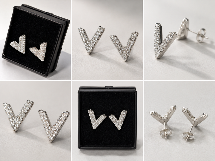 Pair of silver crystal V-shaped stud earrings 