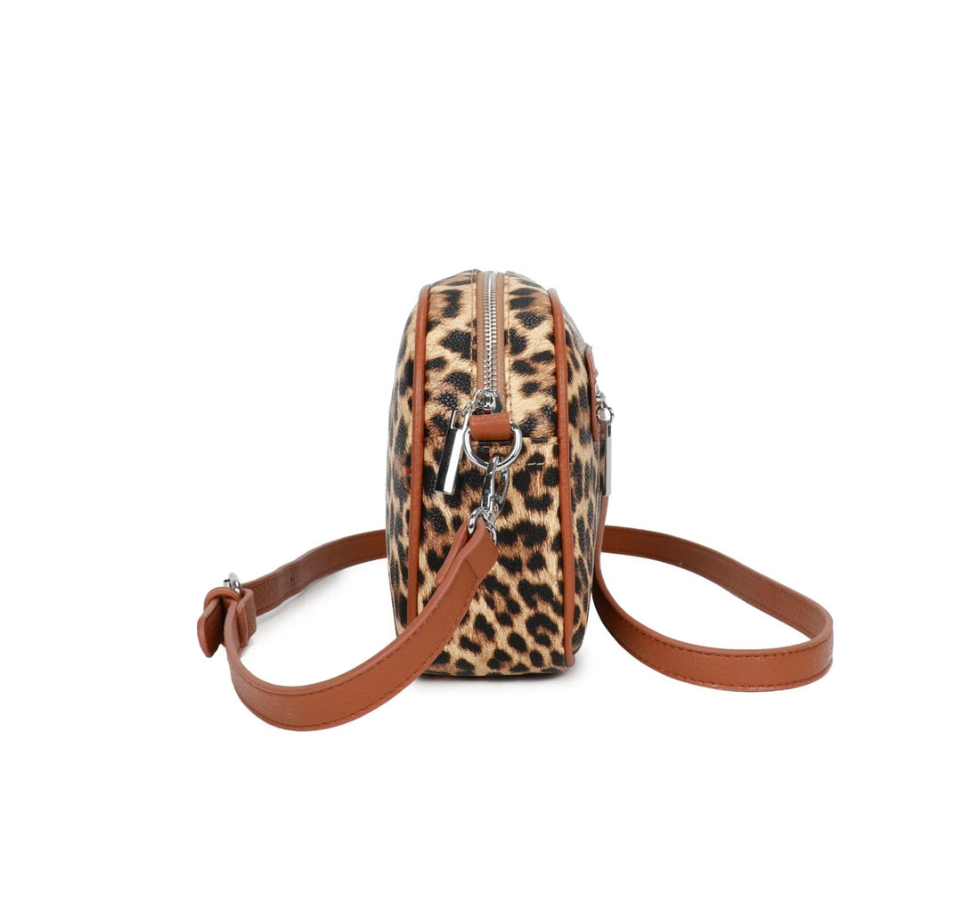Leopard print crossbody bag with brown strap 