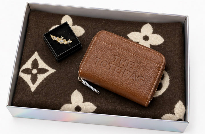 Luxury gift bundle collection featuring four coordinated sets with soft patterned scarves, matching purses, wallets and elegant earrings, beautifully presented in gift boxes.