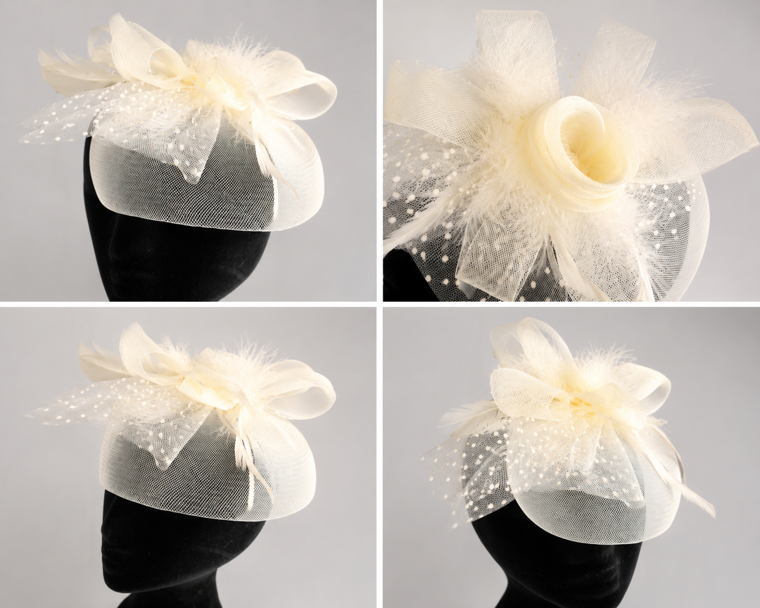 Ivory Mesh Fascinator Hat with Feather &amp; Pearl Detail