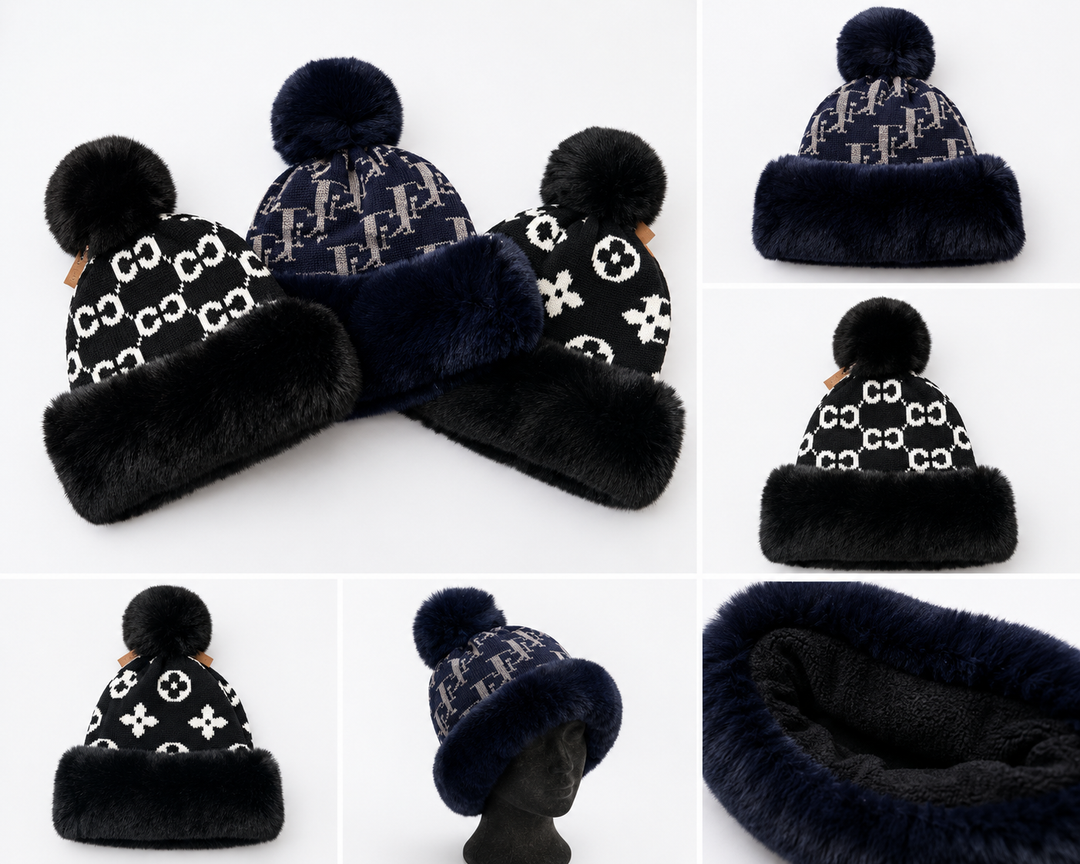 Luxury faux fur pom pom knitted winter hats in black and navy with soft faux fur trim and warm fleece lining.