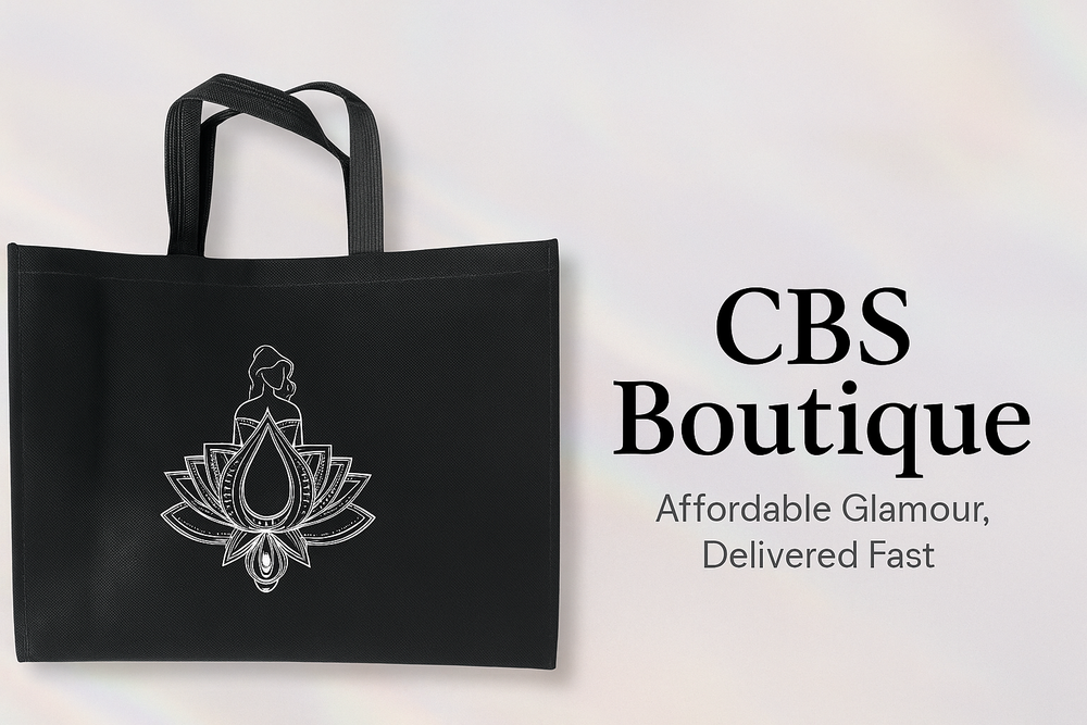 A black shopping bag with a white floral pattern and text that reads 'Casa Bella Sorella'