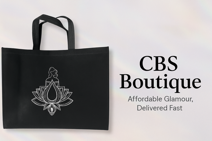 A black shopping bag with a white floral pattern and text that reads &