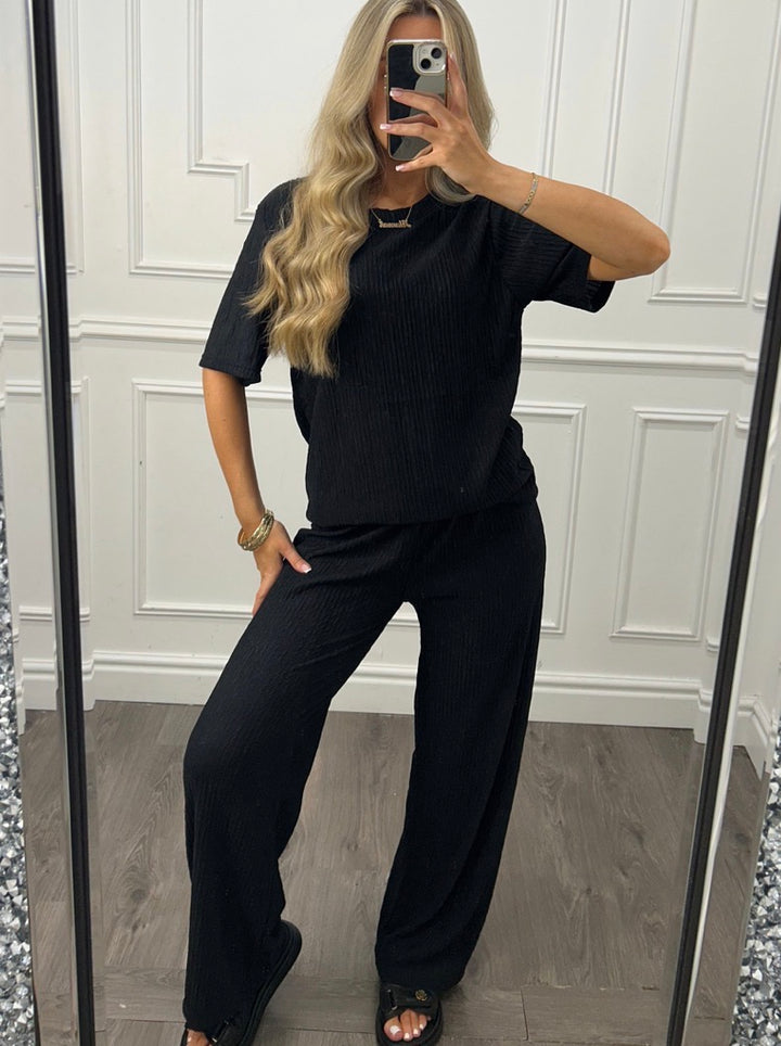 Ribbed Sleeve Top &amp; Wide Leg Trouser Co-Ord Set