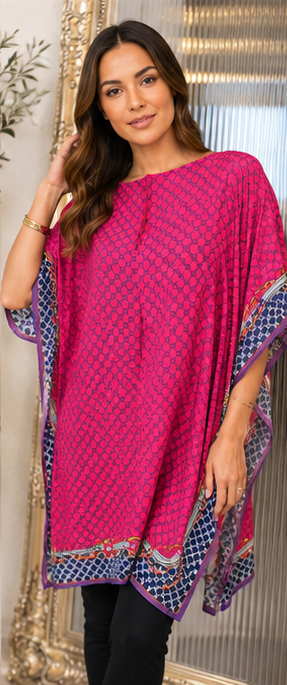 Pink oversized patterned kaftan top with blue and gold border detail