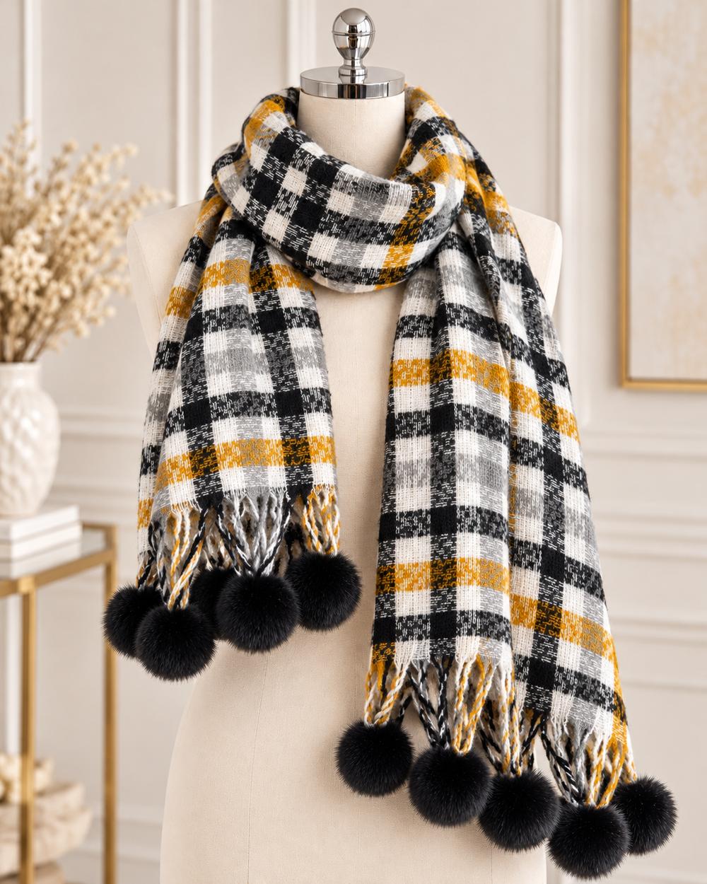 check print winter scarves displayed on mannequins in Cream & Rust, Pink and Black & Mustard, featuring fluffy faux fur pom pom detailing.