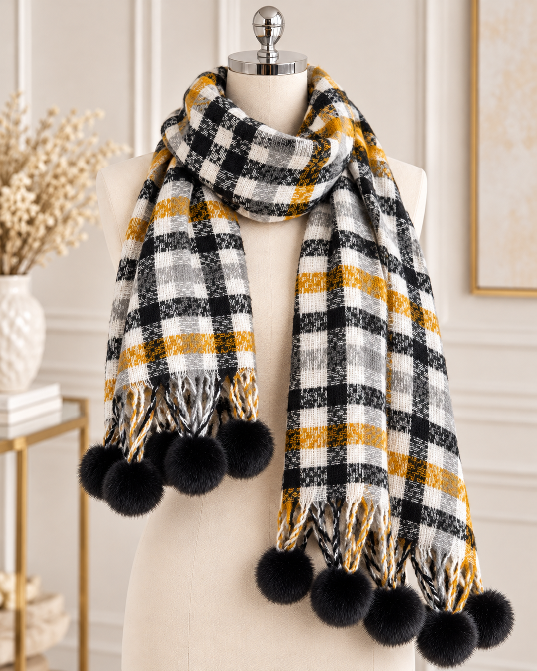 check print winter scarves displayed on mannequins in Cream &amp; Rust, Pink and Black &amp; Mustard, featuring fluffy faux fur pom pom detailing.