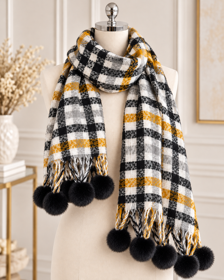 check print winter scarves displayed on mannequins in Cream &amp; Rust, Pink and Black &amp; Mustard, featuring fluffy faux fur pom pom detailing.