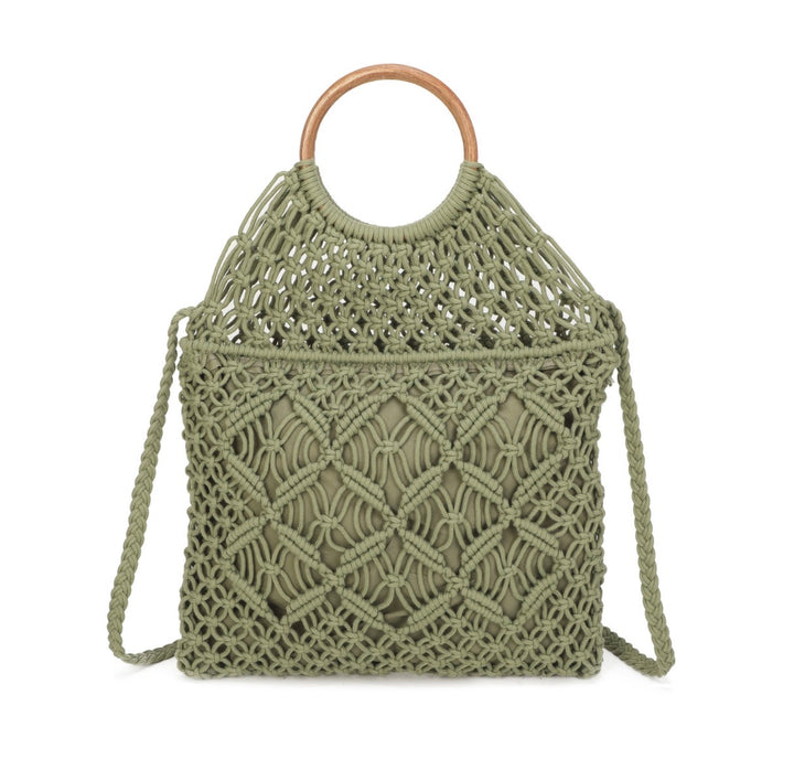 Green woven handbag with wooden handle 