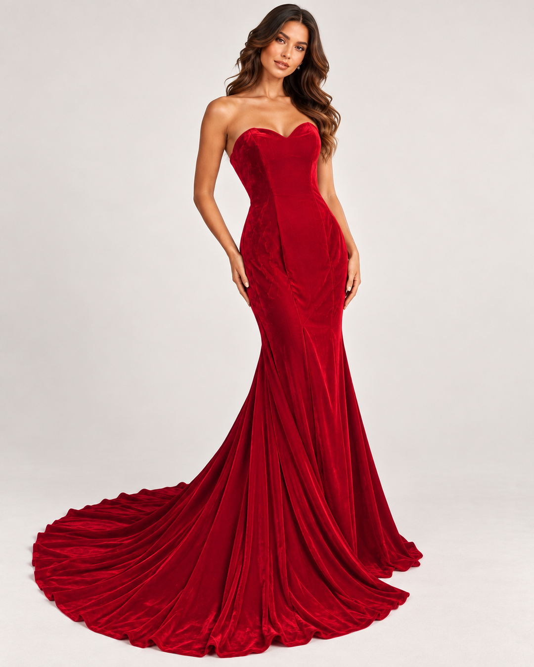 Red strapless velvet mermaid maxi dress with sweetheart neckline and dramatic floor-length train.