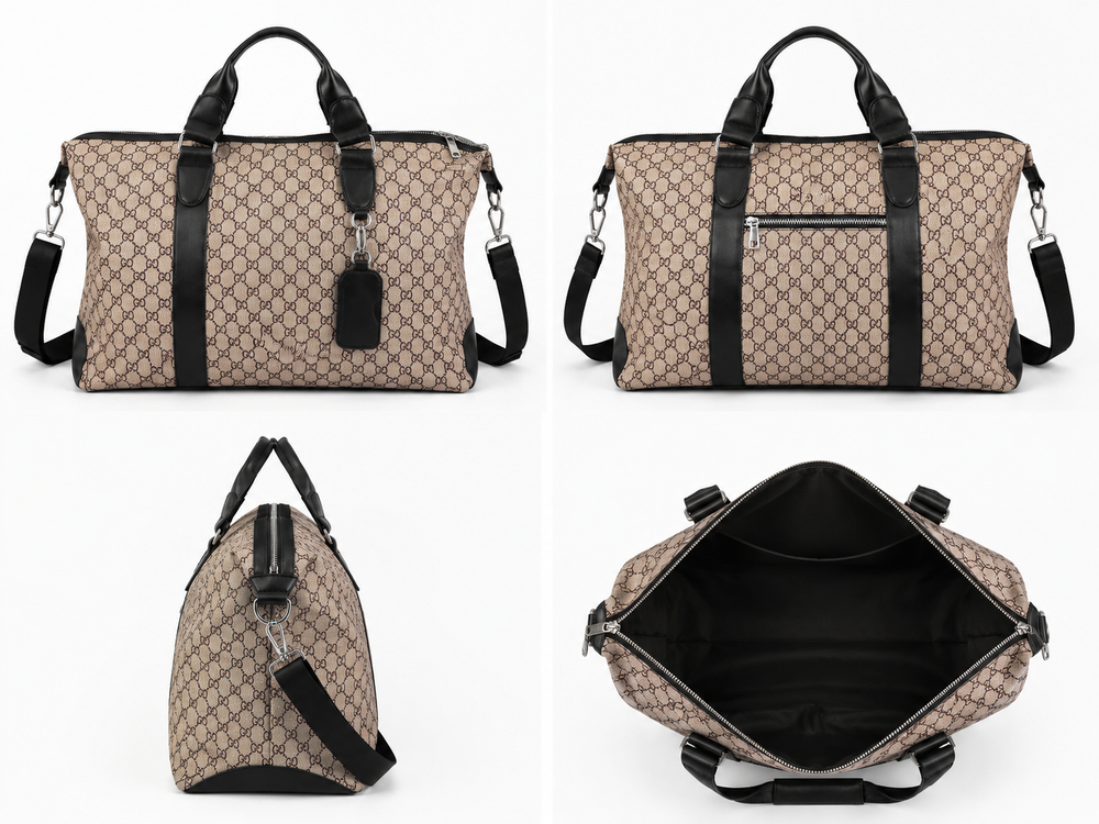 Luxury travel holdall weekend bag in monogram designs with detachable shoulder straps.