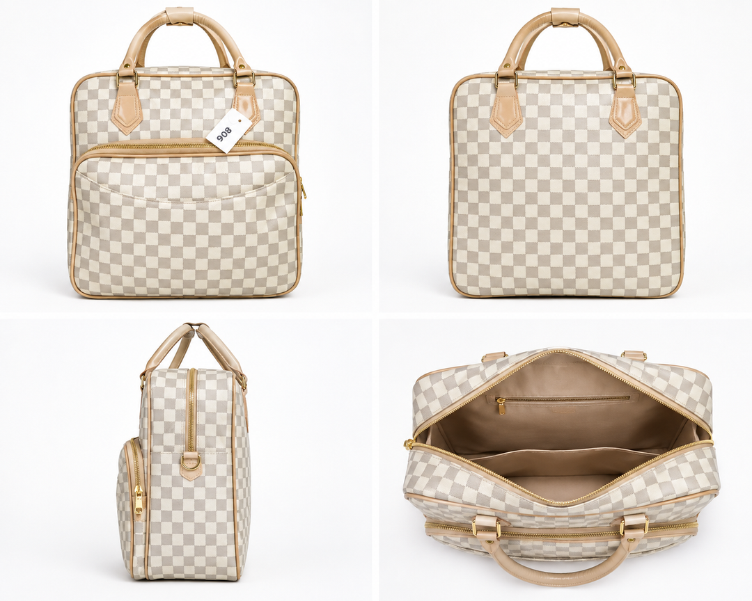 Brown, cream and black checkerboard travel holdall bags displayed together on a neutral studio background, featuring spacious zip compartments and sturdy carry handles.