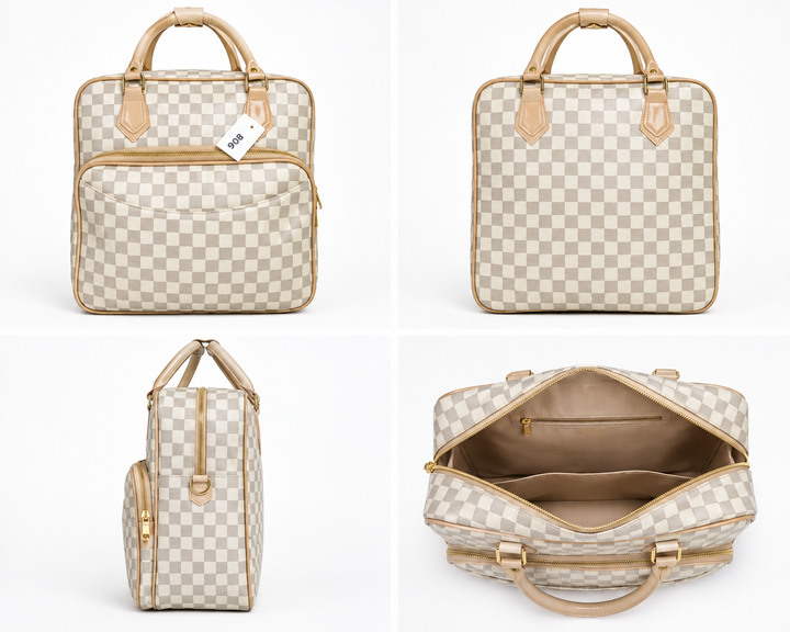 Brown, cream and black checkerboard travel holdall bags displayed together on a neutral studio background, featuring spacious zip compartments and sturdy carry handles.