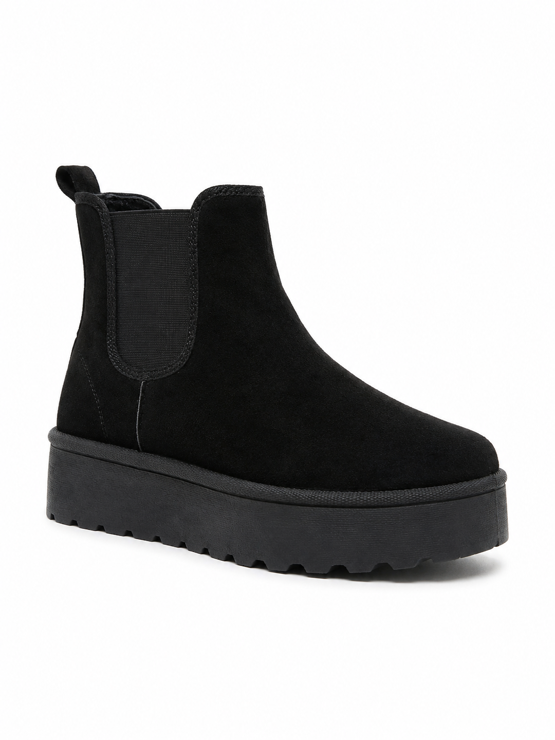 Black suede chunky platform Chelsea ankle boots with elastic side panels and thick ridged sole