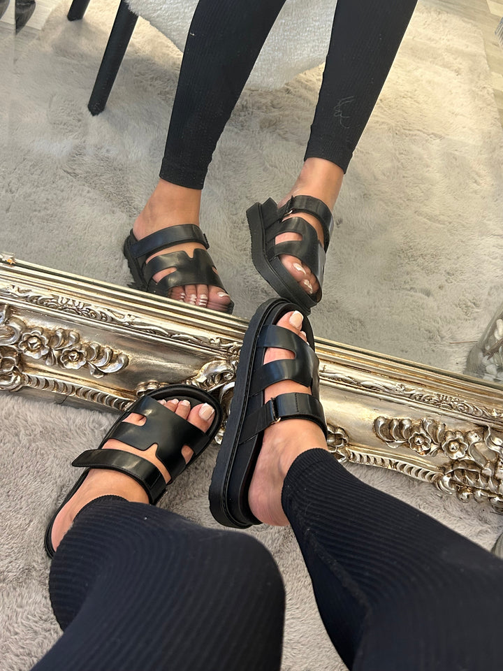 Black sandals slides with Velcro adjustable strap 