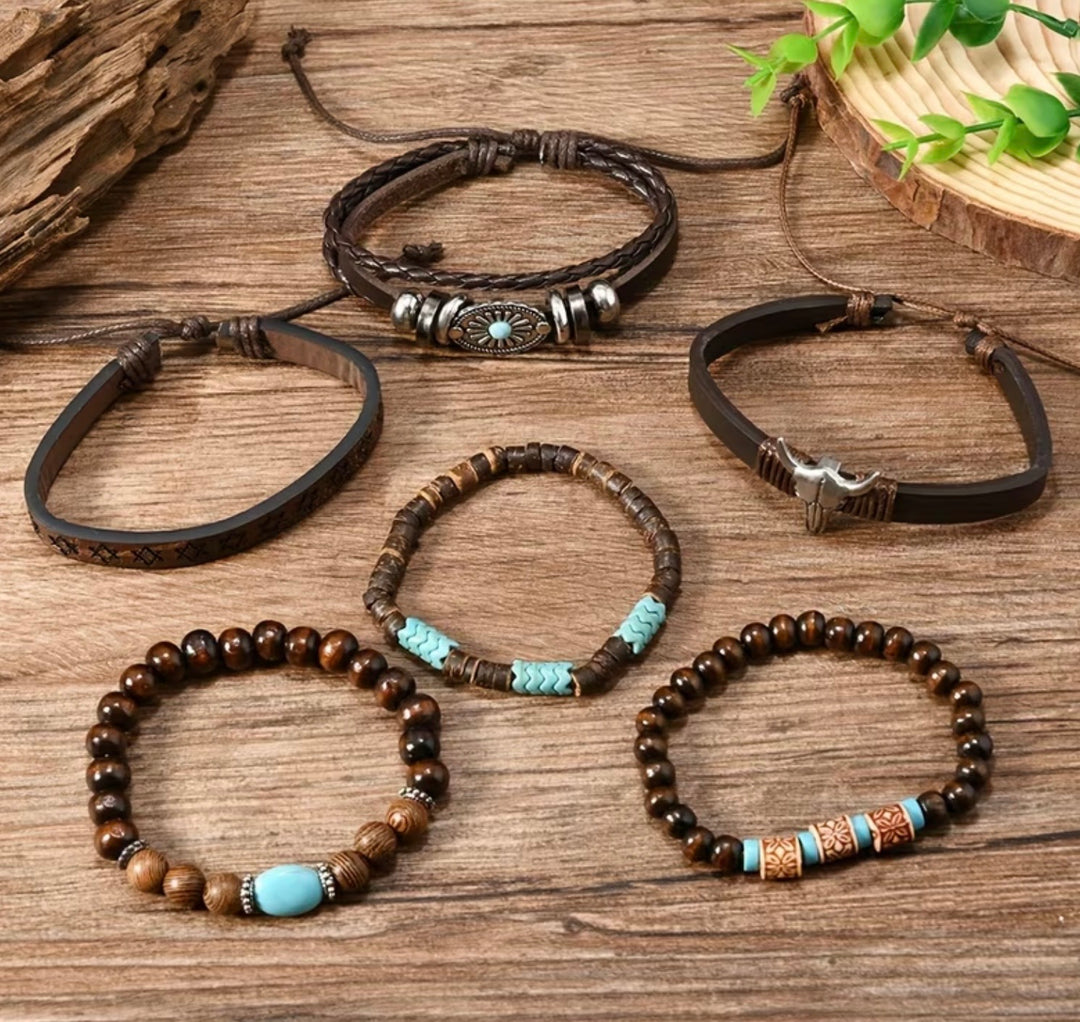 Six piece brown and turquoise Western boho bracelet set with beads, leather-look bands and silver-tone details