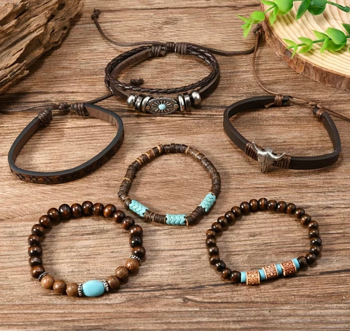 Six piece brown and turquoise Western boho bracelet set with beads, leather-look bands and silver-tone details
