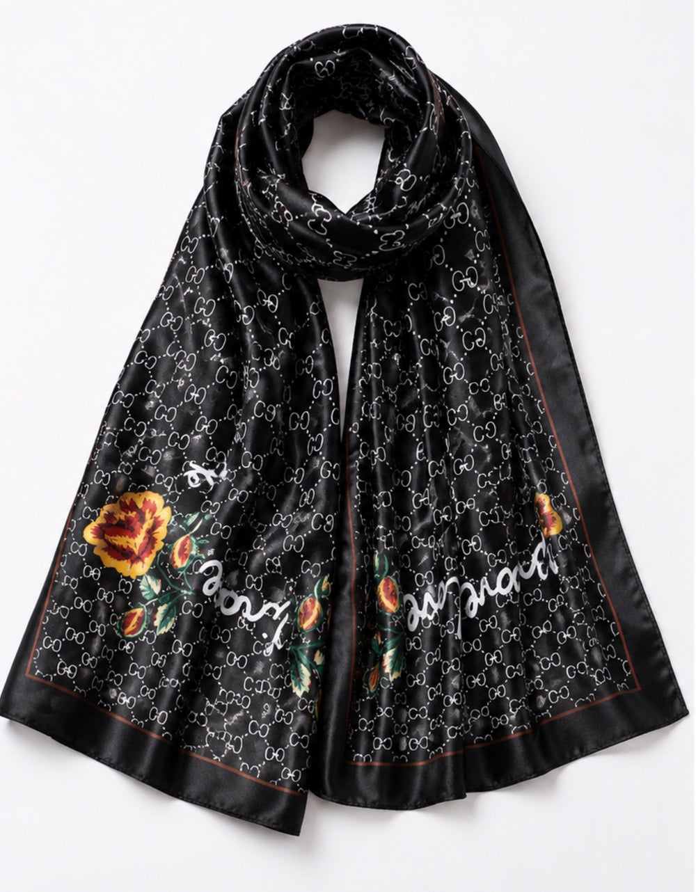 Black satin feel scarf with monogram inspired print, floral detailing and contrasting border