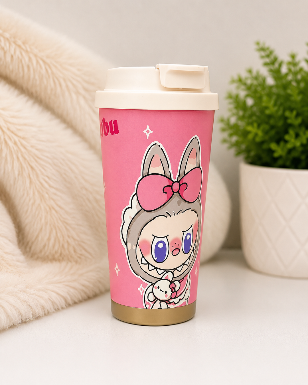 Labubu insulated travel bottle cup with flip lid in assorted colourful cartoon character designs.