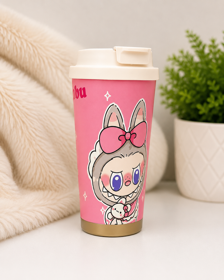 Labubu insulated travel bottle cup with flip lid in assorted colourful cartoon character designs.