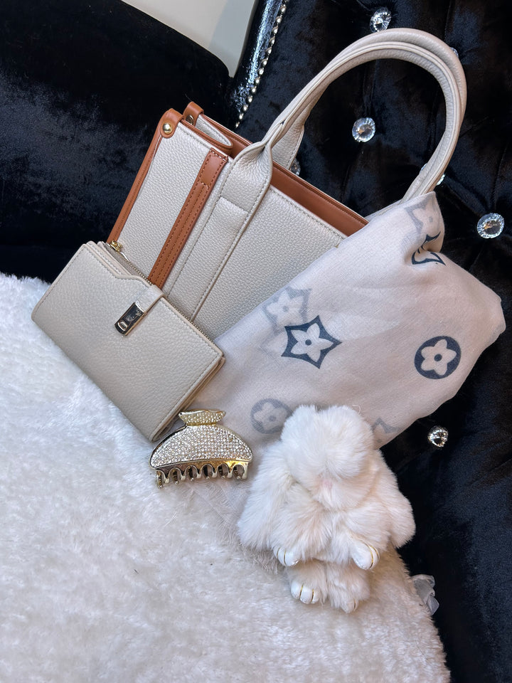 Tan and beige handbag bundle with scarf, keyring, hair clip and purse