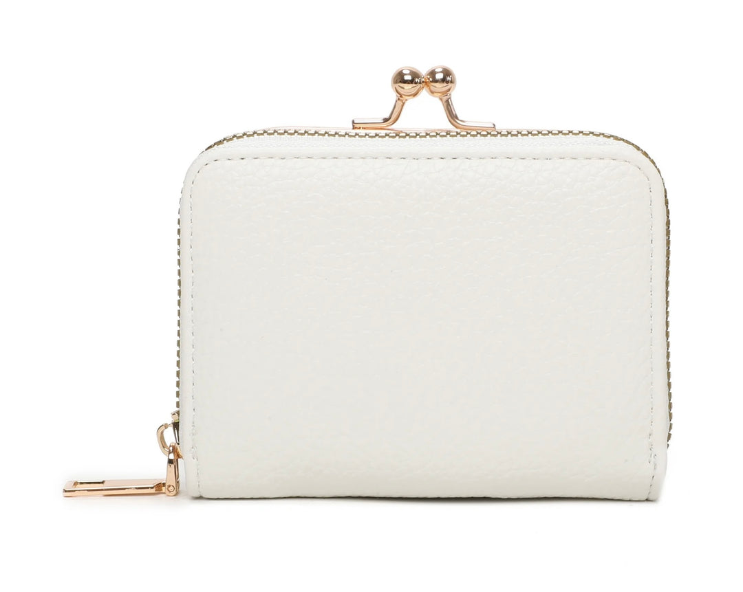 A white clutch purse with gold detail and a zipper closure.
